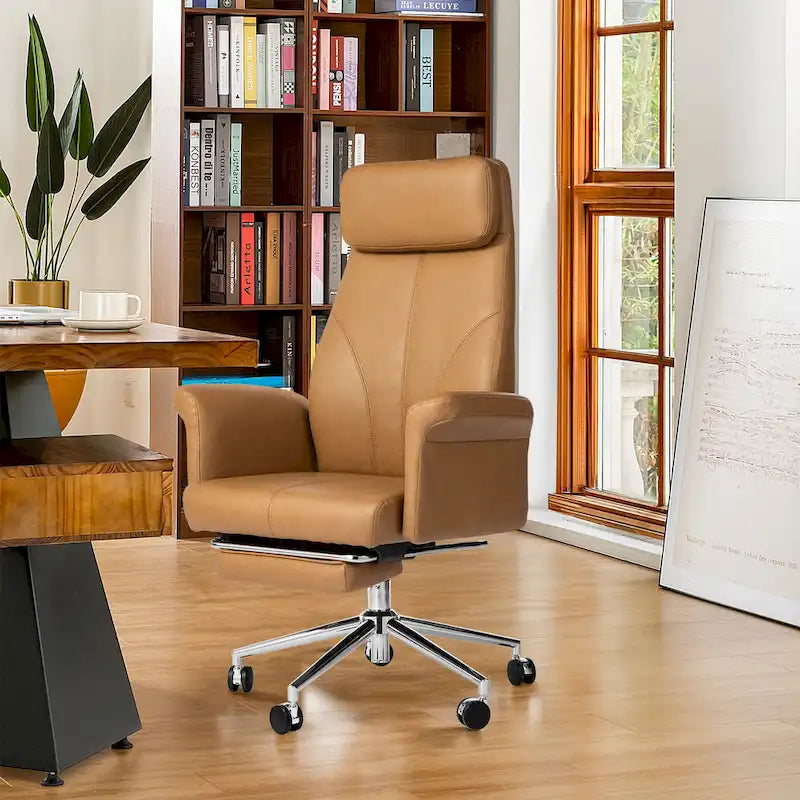 Fauteuil de bureau pivotant à haut dossier avec repose-pieds, ivoire/camel, 1 personne