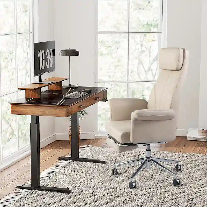 Fauteuil de bureau pivotant à haut dossier avec repose-pieds, ivoire/camel, 1 personne