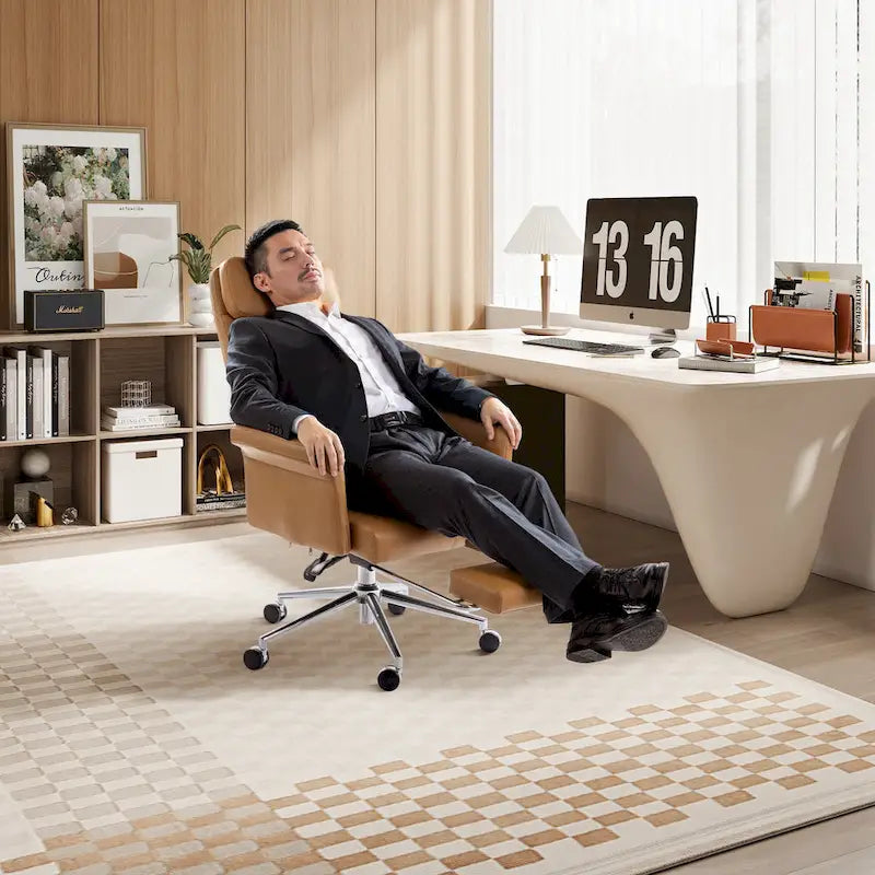 Fauteuil de bureau pivotant à haut dossier avec repose-pieds, ivoire/camel, 1 personne