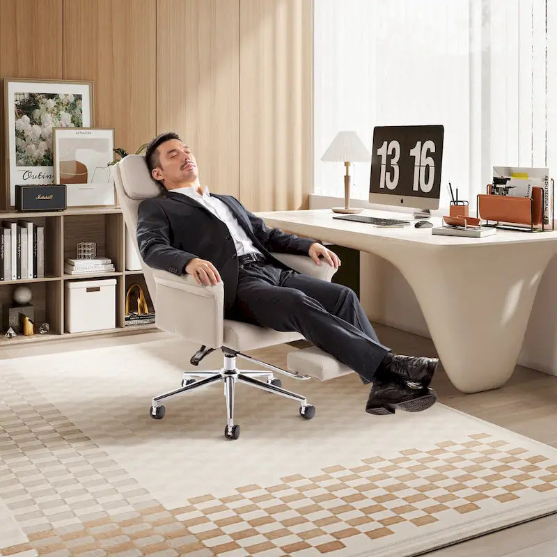 Fauteuil de bureau pivotant à haut dossier avec repose-pieds, ivoire/camel, 1 personne