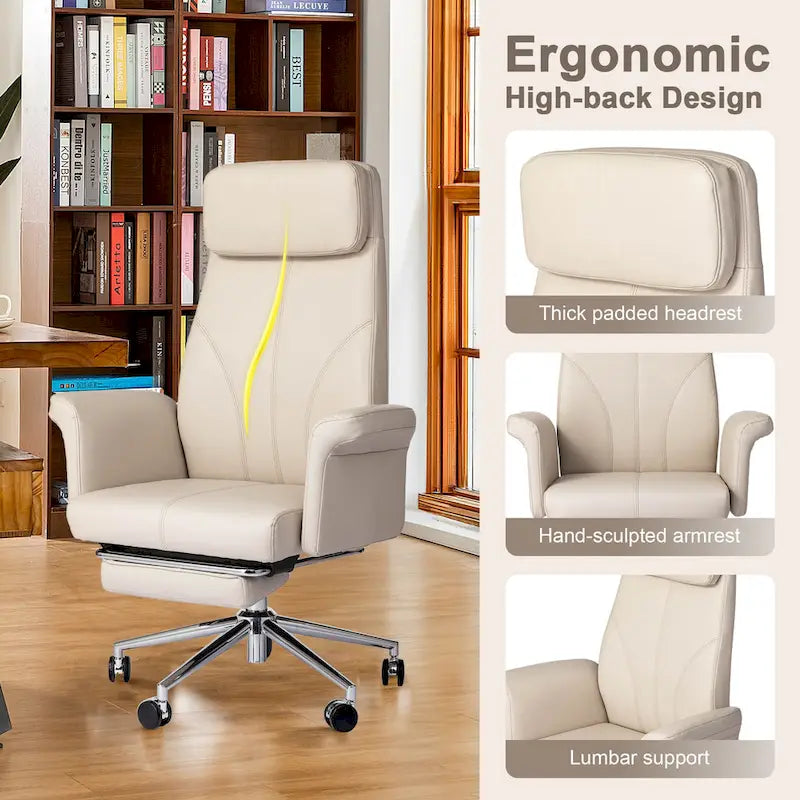 Fauteuil de bureau pivotant à haut dossier avec repose-pieds, ivoire/camel, 1 personne
