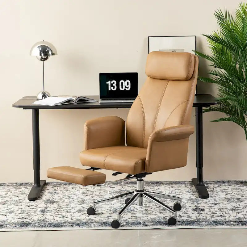 Fauteuil de bureau pivotant à haut dossier avec repose-pieds, ivoire/camel, 1 personne
