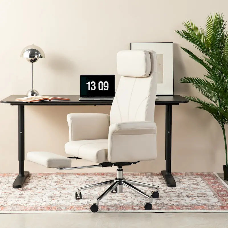 Fauteuil de bureau pivotant à haut dossier avec repose-pieds, ivoire/camel, 1 personne
