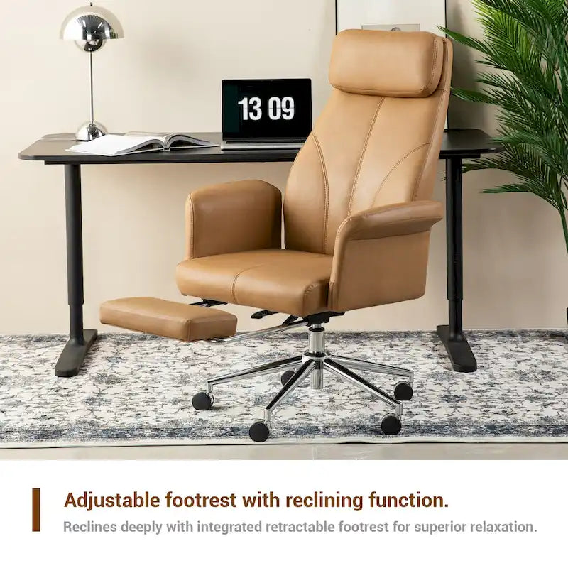 Fauteuil de bureau pivotant à haut dossier avec repose-pieds, ivoire/camel, 1 personne