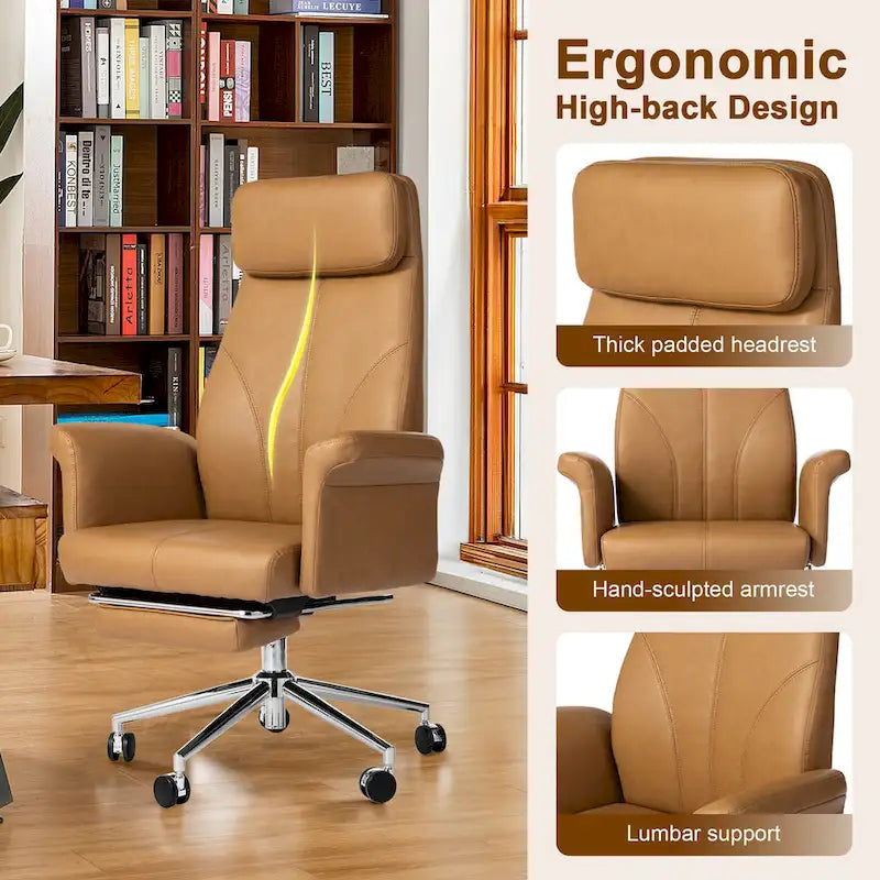 Fauteuil de bureau pivotant à haut dossier avec repose-pieds, ivoire/camel, 1 personne