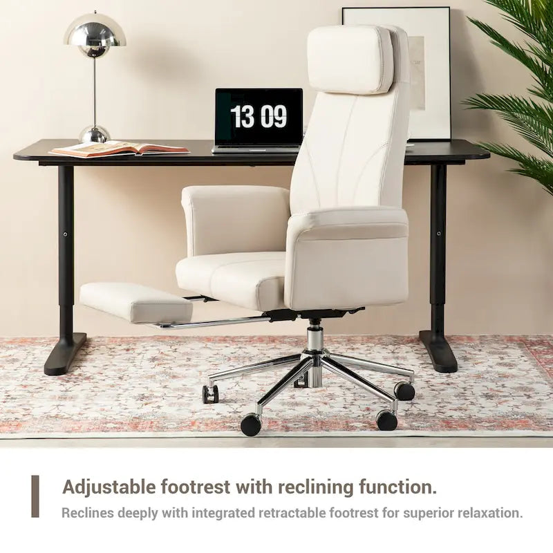 Fauteuil de bureau pivotant à haut dossier avec repose-pieds, ivoire/camel, 1 personne