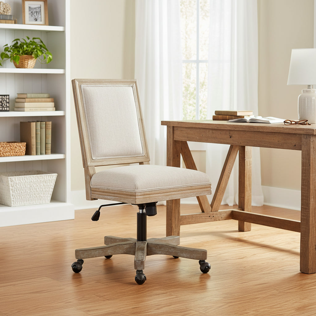 Swivel Rolling Office Chair, Beige Fabric, Weathered Light Brown Wood