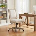 Swivel Rolling Office Chair, Beige Fabric, Weathered Light Brown Wood