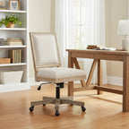 Swivel Rolling Office Chair, Beige Fabric, Weathered Light Brown Wood