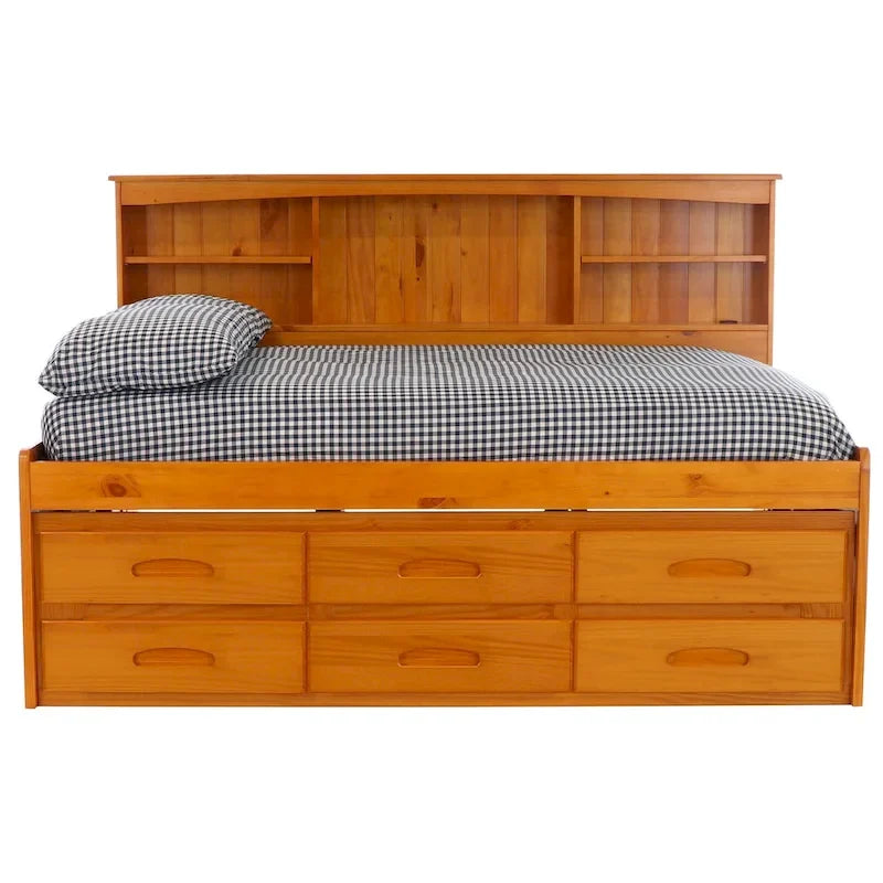 Lit de repos double en pin massif OS Home and Office Furniture avec six tiroirs, couleur miel chaud