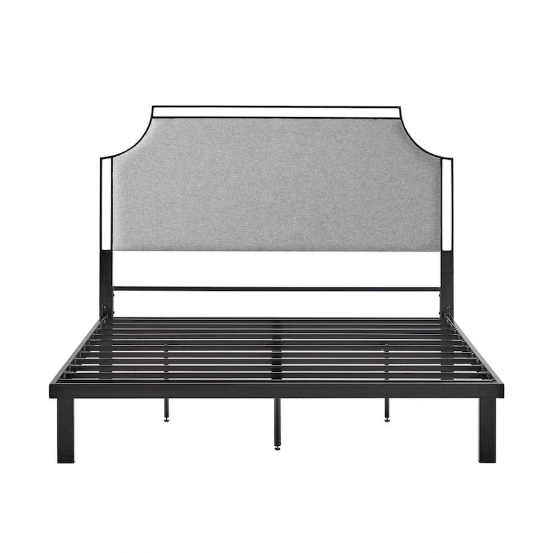 Cadre de lit Queen en métal courbé rembourré – Gris / Havane, Pour 2