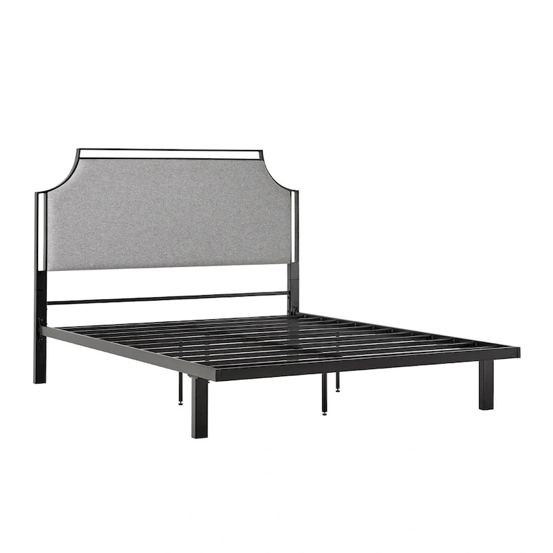 Cadre de lit Queen en métal courbé rembourré – Gris / Havane, Pour 2