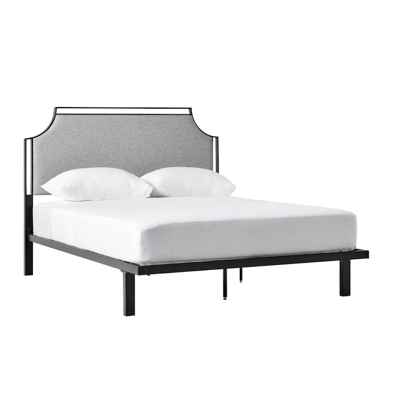 Cadre de lit Queen en métal courbé rembourré – Gris / Havane, Pour 2