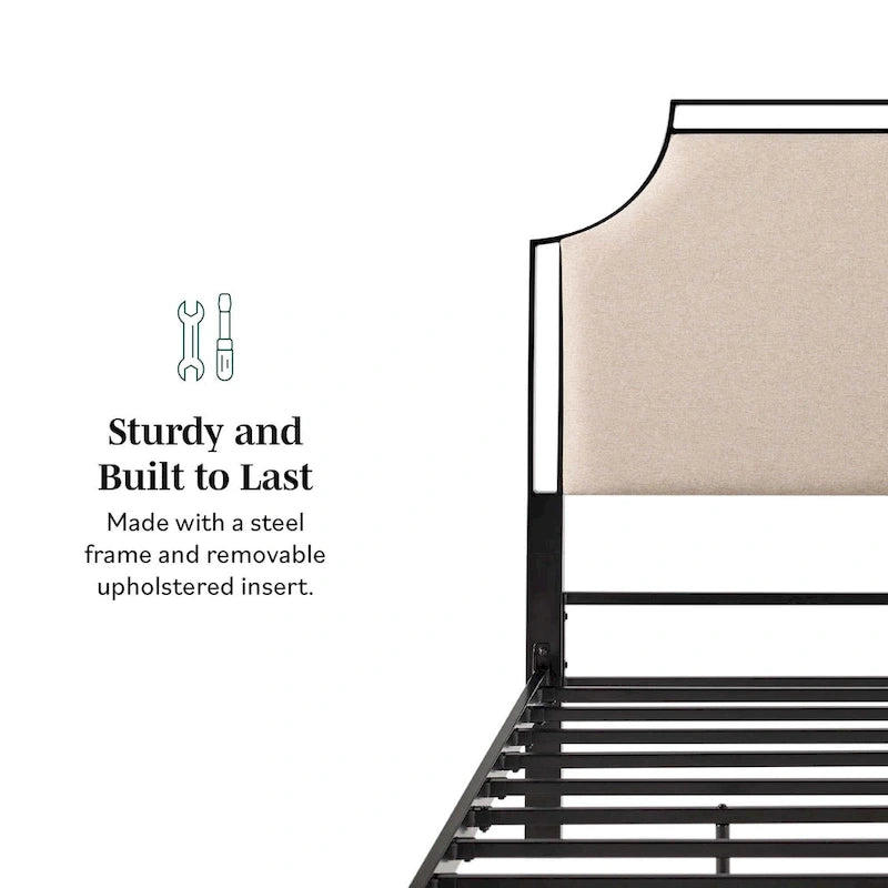 Cadre de lit Queen en métal courbé rembourré – Gris / Havane, Pour 2