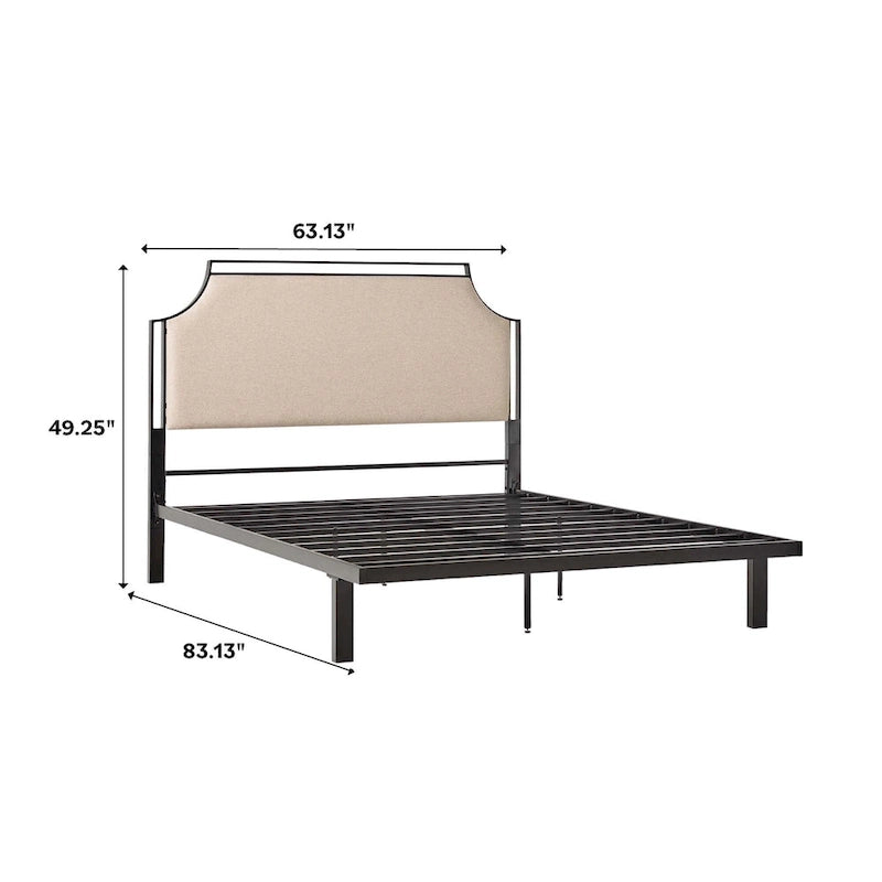 Cadre de lit Queen en métal courbé rembourré – Gris / Havane, Pour 2