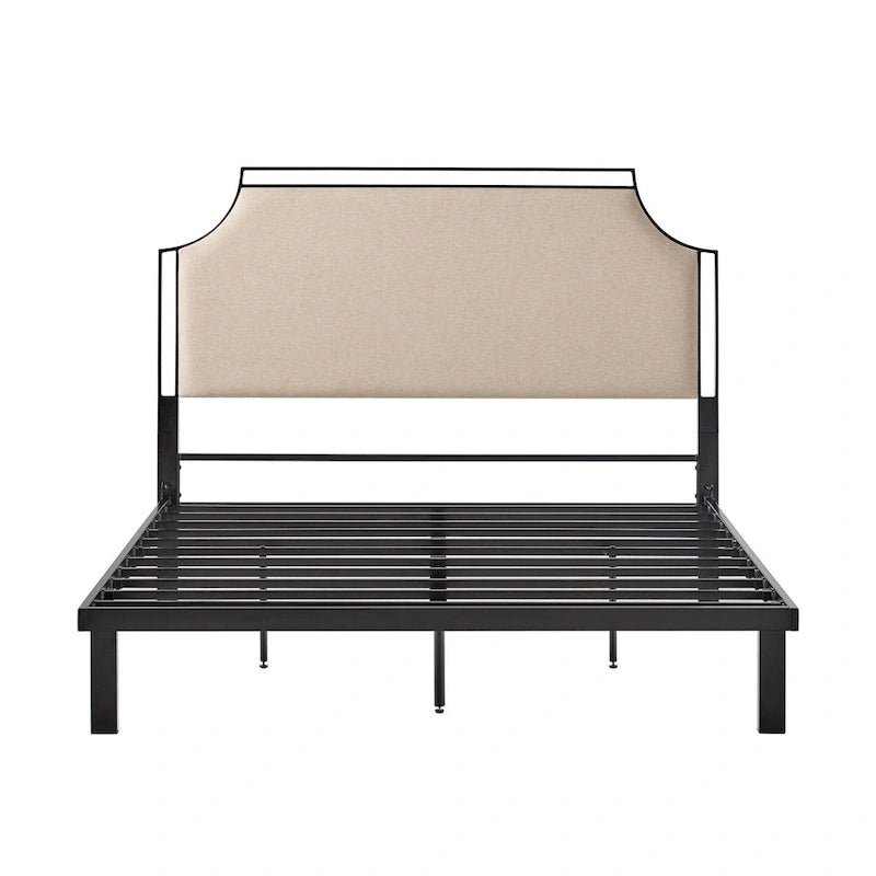 Cadre de lit Queen en métal courbé rembourré – Gris / Havane, Pour 2