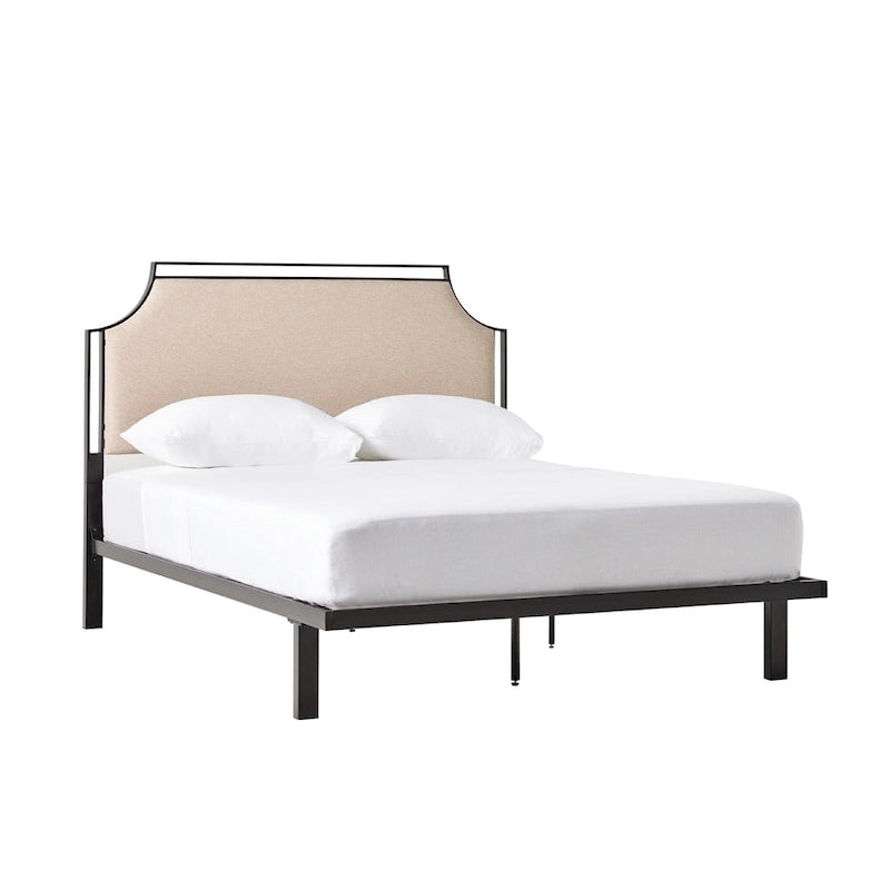 Cadre de lit Queen en métal courbé rembourré – Gris / Havane, Pour 2