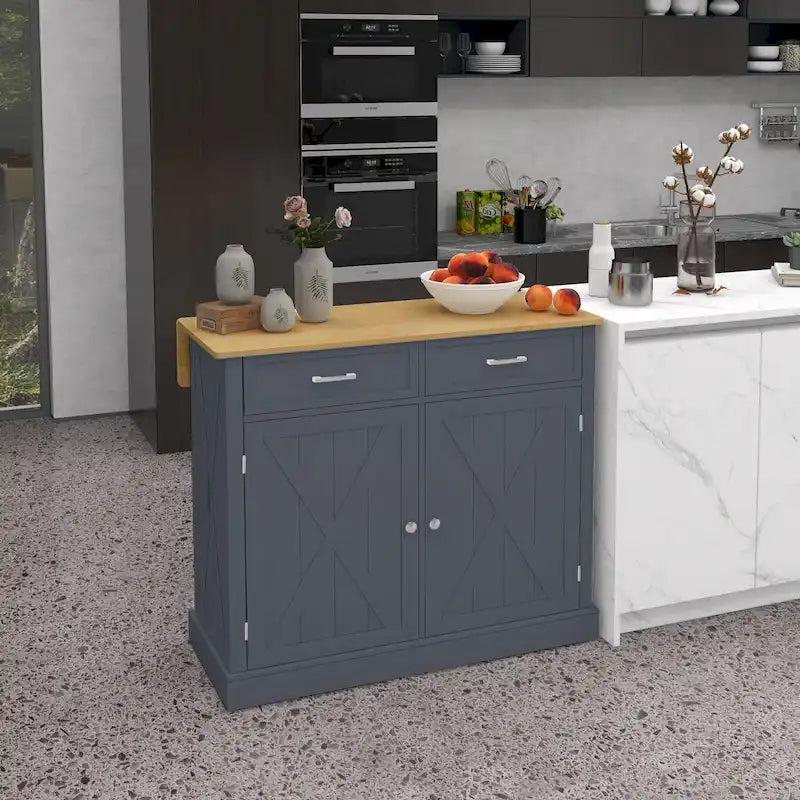 HOMCOM Îlot de cuisine roulant avec bar de petit-déjeuner en bois à abattant, Chariot de cuisine de style campagnard avec 2 tiroirs, Gris foncé