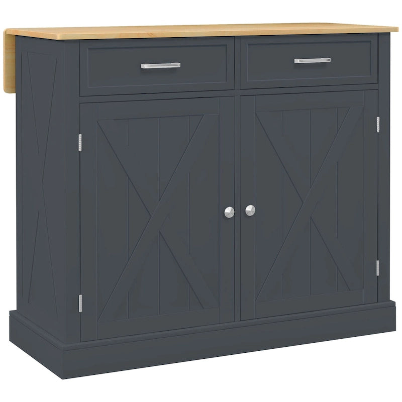 HOMCOM Îlot de cuisine roulant avec bar de petit-déjeuner en bois à abattant, Chariot de cuisine de style campagnard avec 2 tiroirs, Gris foncé