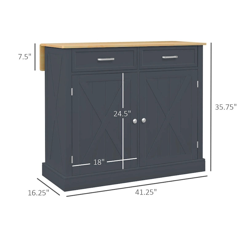 HOMCOM Îlot de cuisine roulant avec bar de petit-déjeuner en bois à abattant, Chariot de cuisine de style campagnard avec 2 tiroirs, Gris foncé