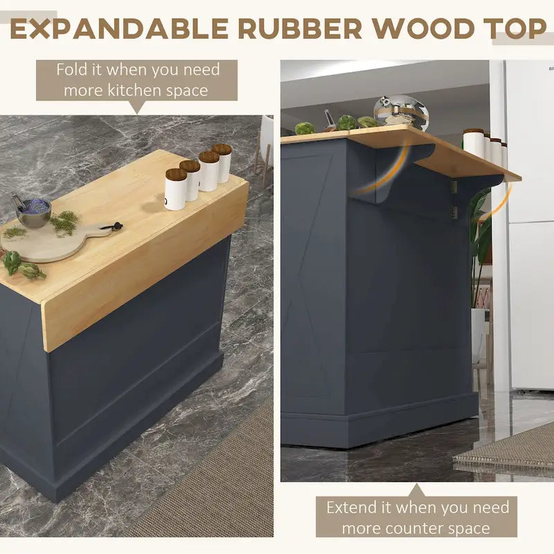 HOMCOM Îlot de cuisine roulant avec bar de petit-déjeuner en bois à abattant, Chariot de cuisine de style campagnard avec 2 tiroirs, Gris foncé