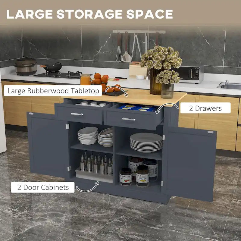 HOMCOM Îlot de cuisine roulant avec bar de petit-déjeuner en bois à abattant, Chariot de cuisine de style campagnard avec 2 tiroirs, Gris foncé