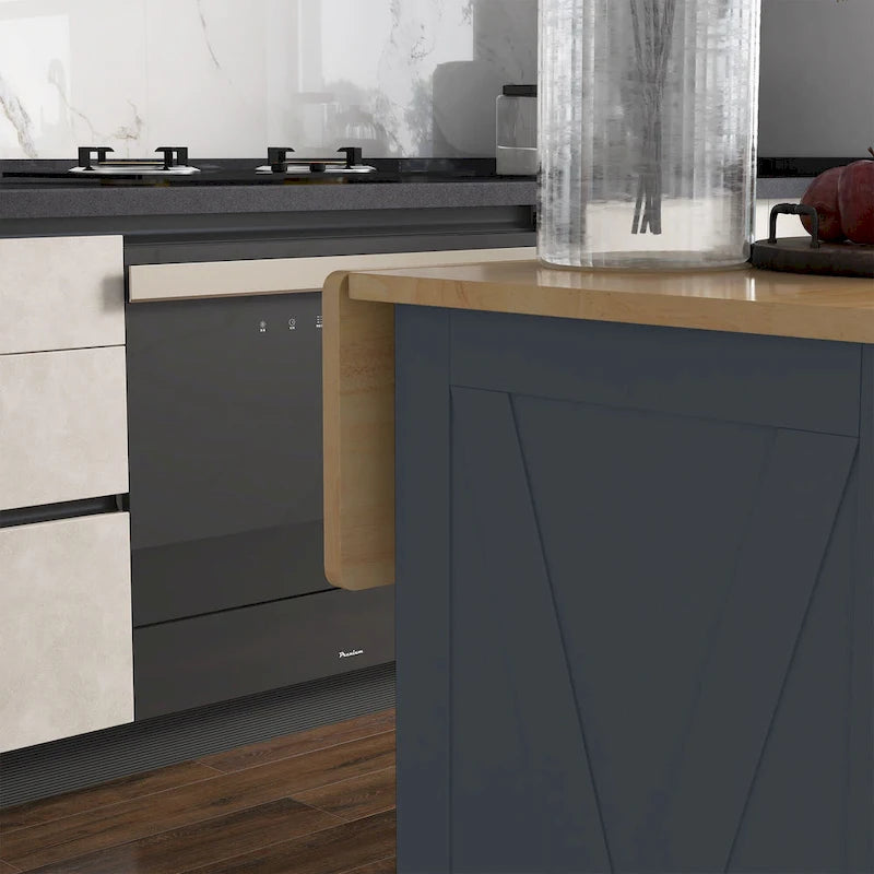 HOMCOM Îlot de cuisine roulant avec bar de petit-déjeuner en bois à abattant, Chariot de cuisine de style campagnard avec 2 tiroirs, Gris foncé