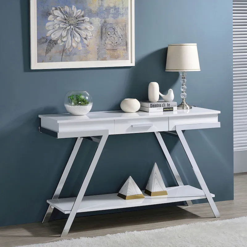 Table console Cas Modern White 48 po en acier à 1 tiroir avec étagère par Furniture of America
