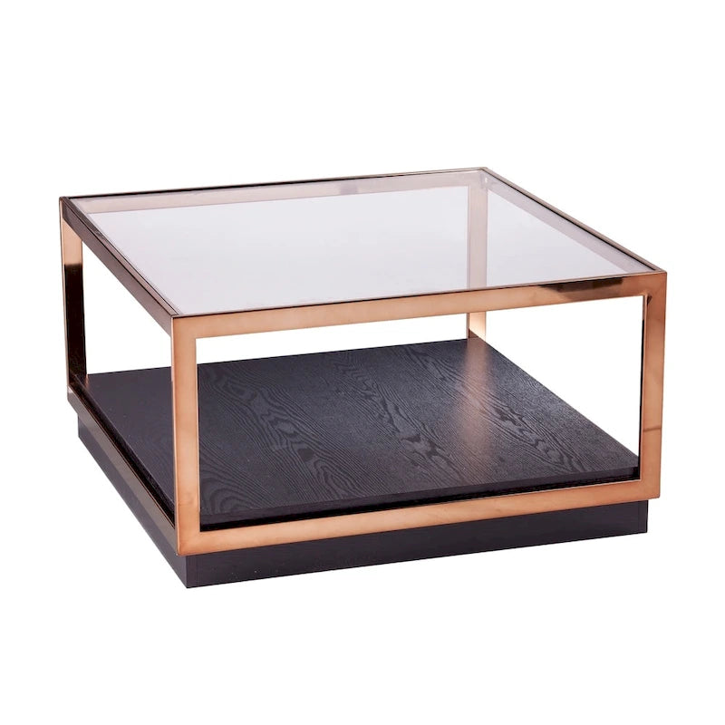 Table basse carrée de transition métallique Luna avec plateau en verre et étagère de base en bois SEI Furniture