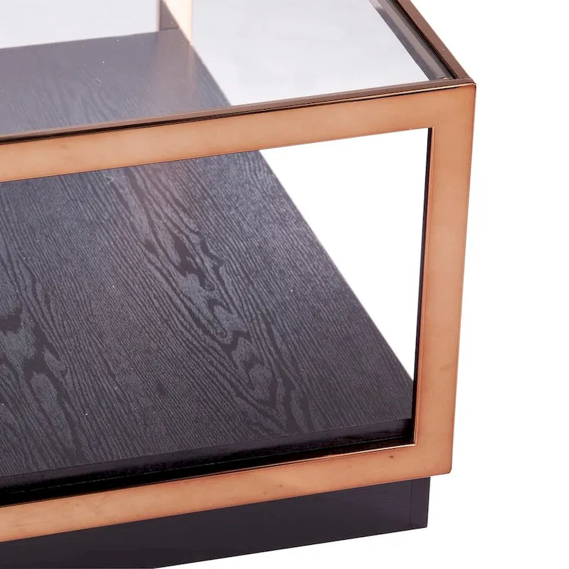 Table basse carrée de transition métallique Luna avec plateau en verre et étagère de base en bois SEI Furniture