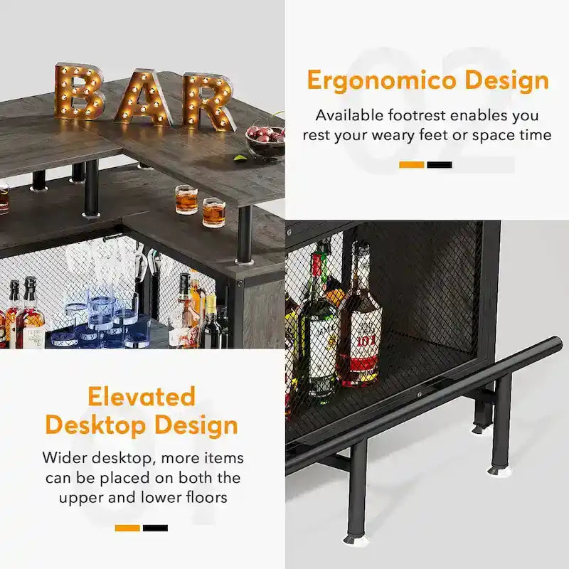 Bar de comptoir en L pour la maison, marron/noir/gris, avec 2 niveaux de rangement, pour 1 à 2 personnes