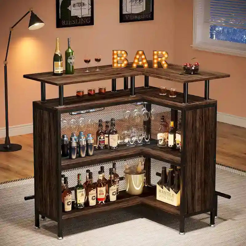 Bar de comptoir en L pour la maison, marron/noir/gris, avec 2 niveaux de rangement, pour 1 à 2 personnes