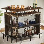 Bar de comptoir en L pour la maison, marron/noir/gris, avec 2 niveaux de rangement, pour 1 à 2 personnes