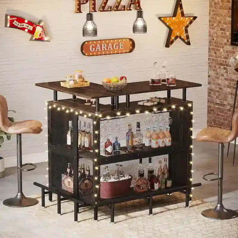 Bar de comptoir en L pour la maison, marron/noir/gris, avec 2 niveaux de rangement, pour 1 à 2 personnes