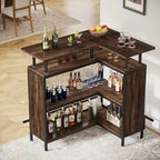 Bar de comptoir en L pour la maison, marron/noir/gris, avec 2 niveaux de rangement, pour 1 à 2 personnes