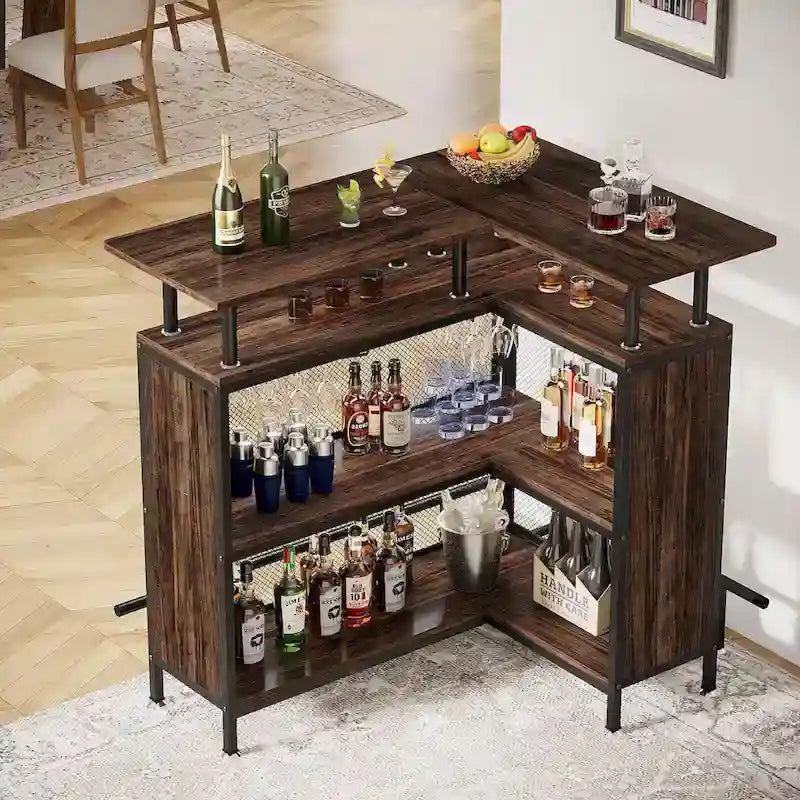 Bar de comptoir en L pour la maison, marron/noir/gris, avec 2 niveaux de rangement, pour 1 à 2 personnes