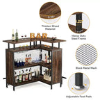 Bar de comptoir en L pour la maison, marron/noir/gris, avec 2 niveaux de rangement, pour 1 à 2 personnes