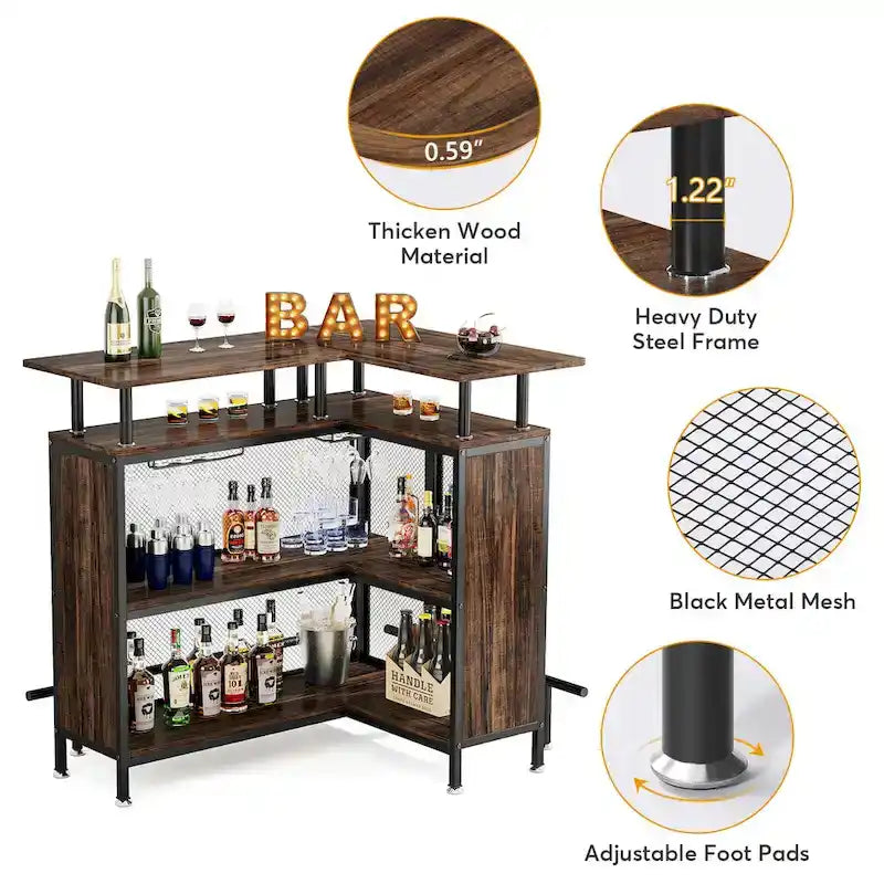Bar de comptoir en L pour la maison, marron/noir/gris, avec 2 niveaux de rangement, pour 1 à 2 personnes