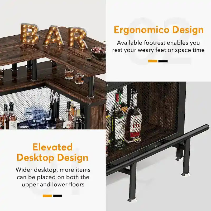 Bar de comptoir en L pour la maison, marron/noir/gris, avec 2 niveaux de rangement, pour 1 à 2 personnes