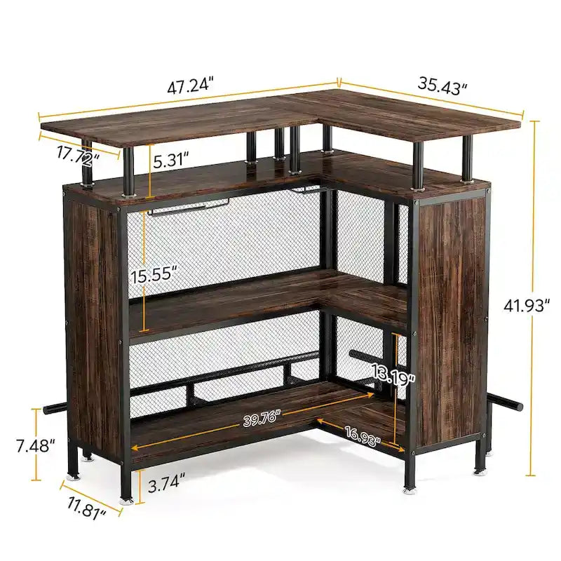 Bar de comptoir en L pour la maison, marron/noir/gris, avec 2 niveaux de rangement, pour 1 à 2 personnes