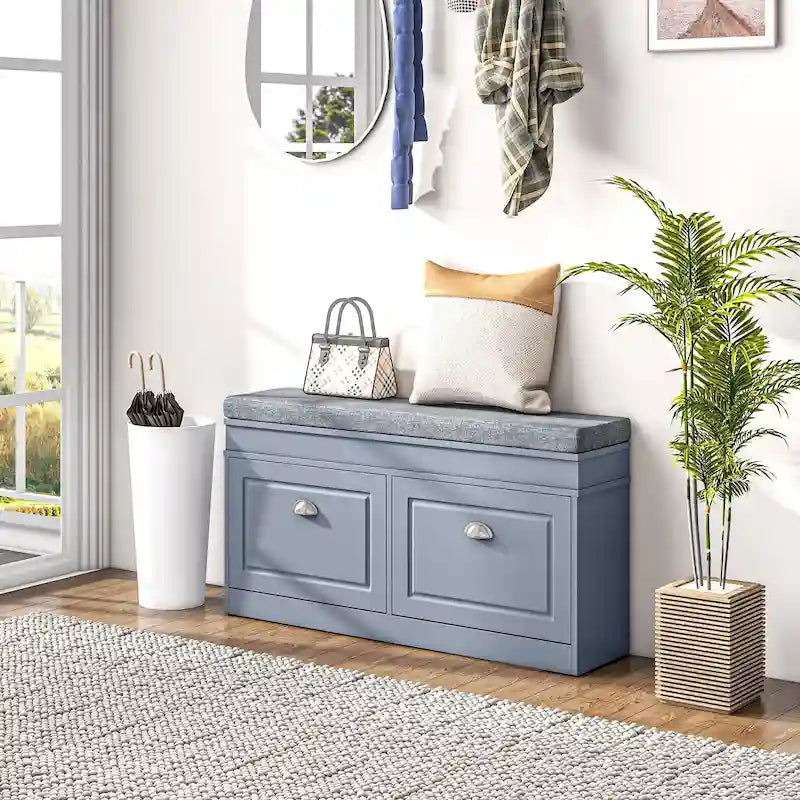 Banc porte-chaussures HOMCOM pour entrée, meuble de rangement avec coussin, 2 tiroirs, étagère réglable, blanc - 41 x 9.5 x 21.75