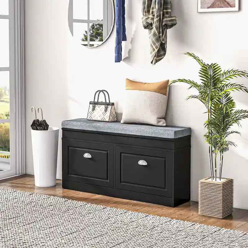 Banc porte-chaussures HOMCOM pour entrée, meuble de rangement avec coussin, 2 tiroirs, étagère réglable, blanc - 41 x 9.5 x 21.75