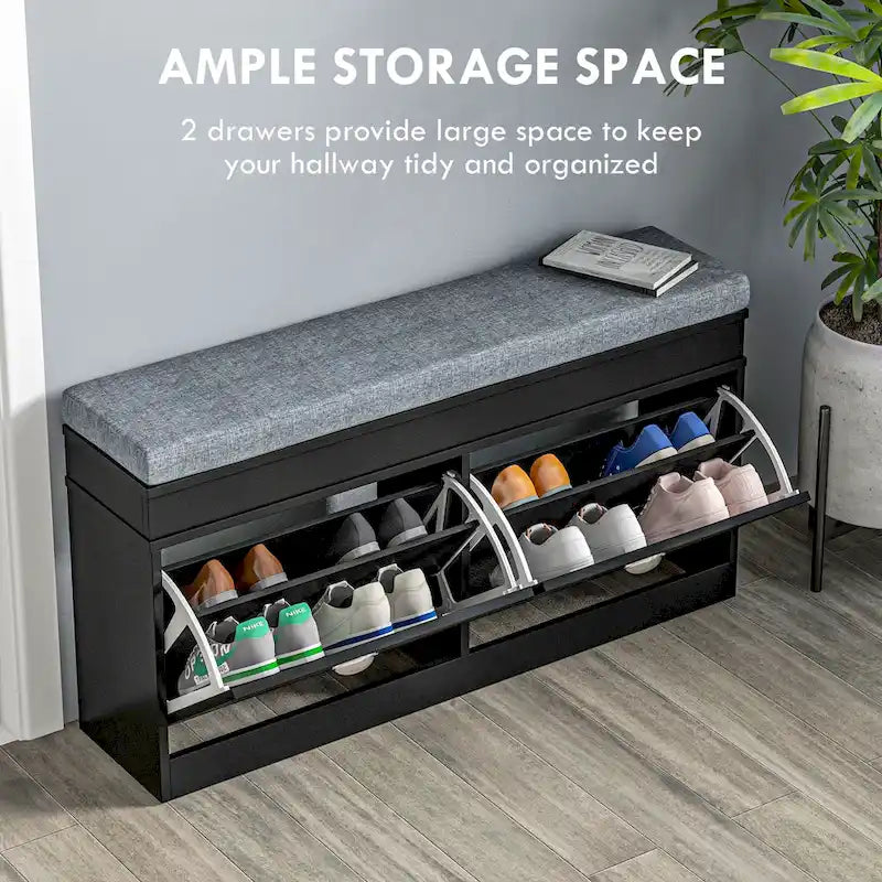 Banc porte-chaussures HOMCOM pour entrée, meuble de rangement avec coussin, 2 tiroirs, étagère réglable, blanc - 41 x 9.5 x 21.75