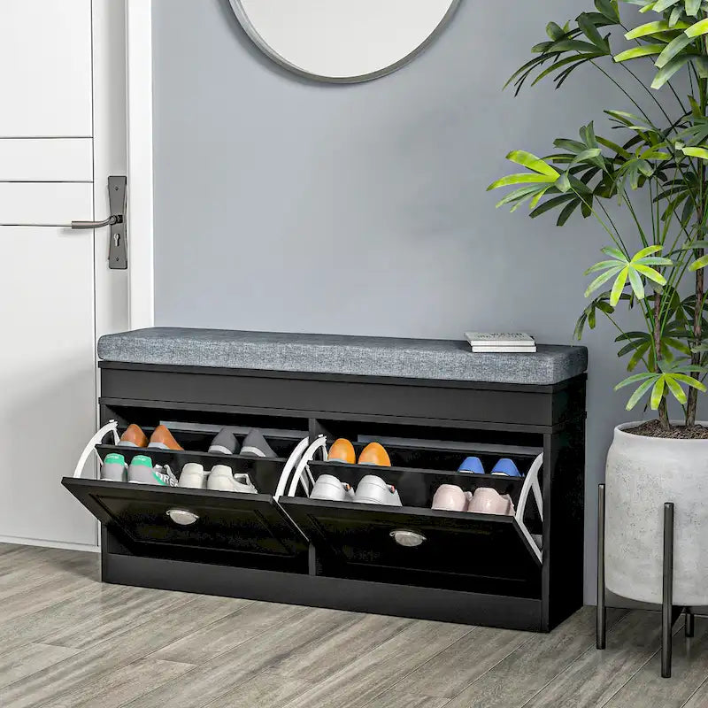 Banc porte-chaussures HOMCOM pour entrée, meuble de rangement avec coussin, 2 tiroirs, étagère réglable, blanc - 41 x 9.5 x 21.75