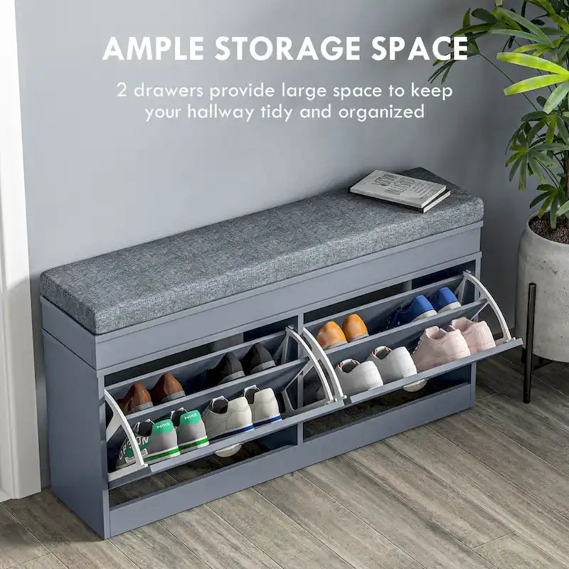 Banc porte-chaussures HOMCOM pour entrée, meuble de rangement avec coussin, 2 tiroirs, étagère réglable, blanc - 41 x 9.5 x 21.75