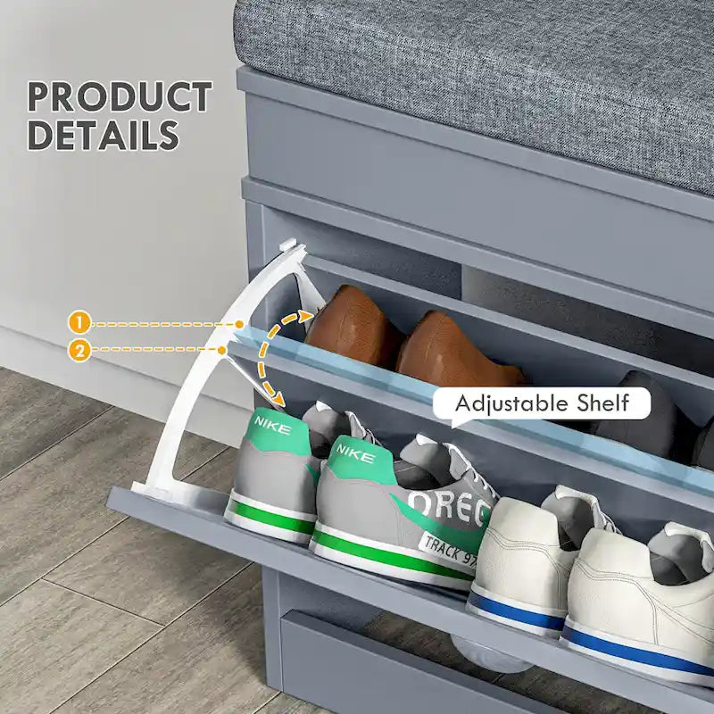 Banc porte-chaussures HOMCOM pour entrée, meuble de rangement avec coussin, 2 tiroirs, étagère réglable, blanc - 41 x 9.5 x 21.75