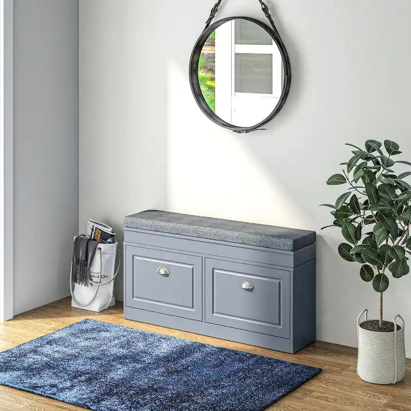 Banc porte-chaussures HOMCOM pour entrée, meuble de rangement avec coussin, 2 tiroirs, étagère réglable, blanc - 41 x 9.5 x 21.75
