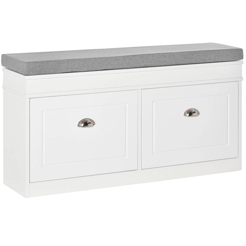 Banc porte-chaussures HOMCOM pour entrée, meuble de rangement avec coussin, 2 tiroirs, étagère réglable, blanc - 41 x 9.5 x 21.75