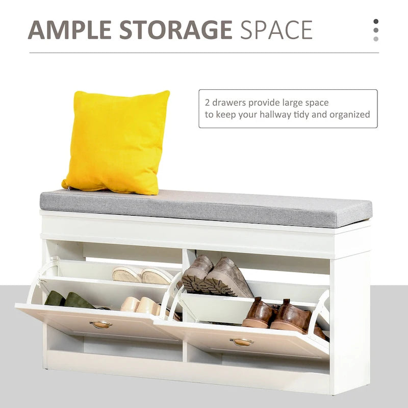 Banc porte-chaussures HOMCOM pour entrée, meuble de rangement avec coussin, 2 tiroirs, étagère réglable, blanc - 41 x 9.5 x 21.75