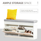 Banc porte-chaussures HOMCOM pour entrée, meuble de rangement avec coussin, 2 tiroirs, étagère réglable, blanc - 41 x 9.5 x 21.75
